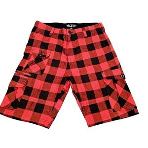 Mens Flannel Cargo Bike Shorts Red Black Buffalo Plaid 34‎ Zip Pockets